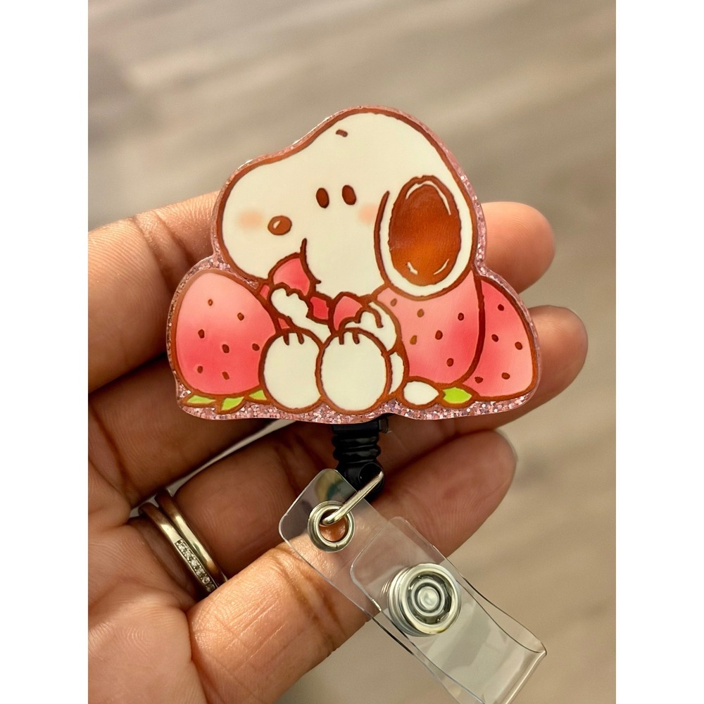 Snoopy Strawberry Retractable Badge Reel Acrylic ID Holder Nurse Teacher Clip